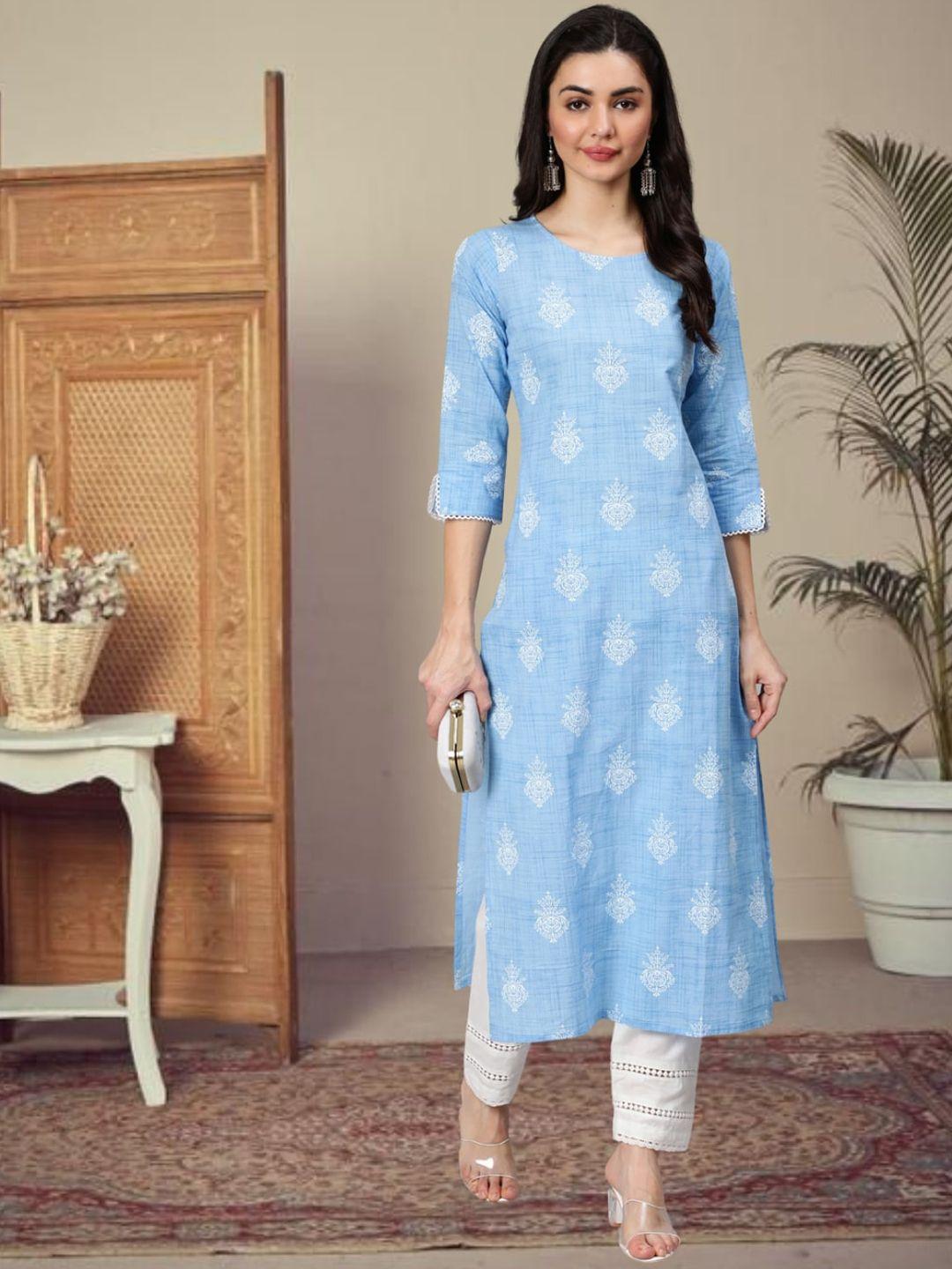 nayo women ethnic motifs printed regular pure cotton kurta with trousers