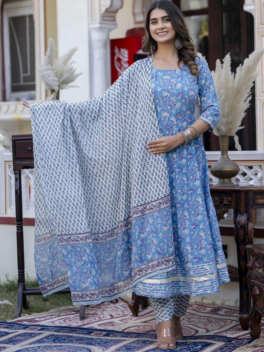 nayo women floral printed empire gotta patti pure cotton kurta with trousers & with dupatta