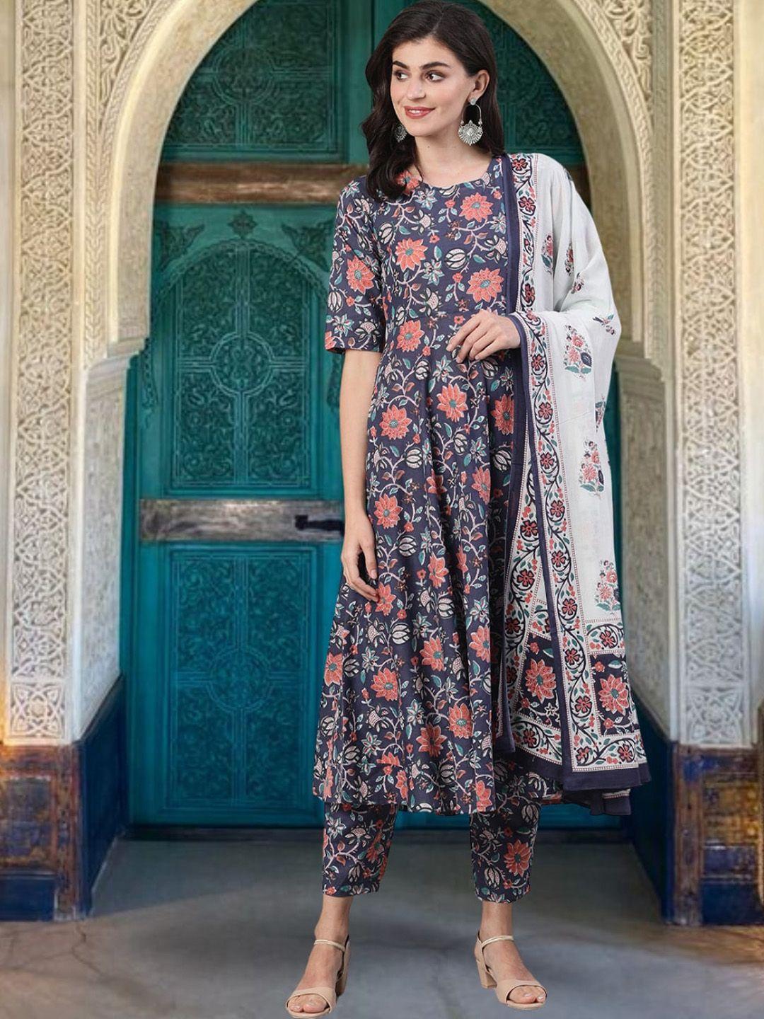 nayo women floral printed regular pure cotton kurta with trousers & with dupatta