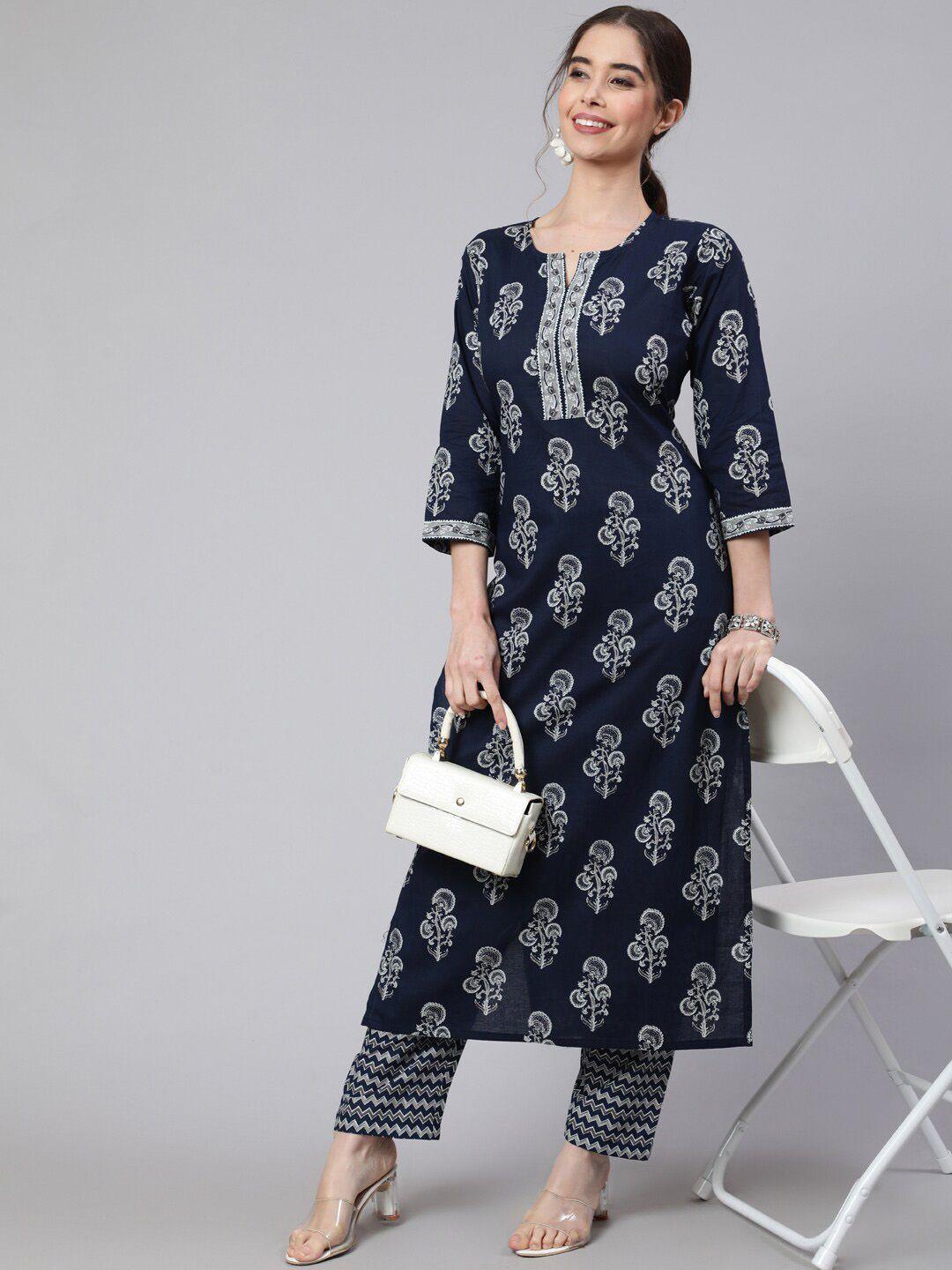 nayo women floral printed regular pure cotton kurta with trousers