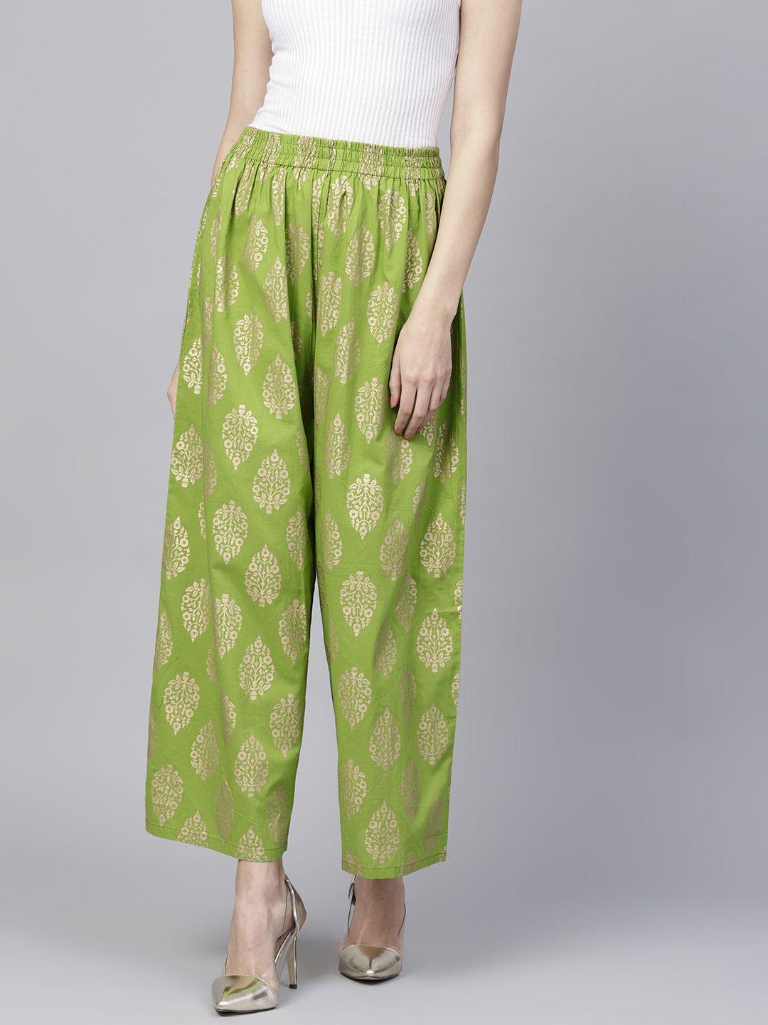 nayo women green & golden printed straight palazzos