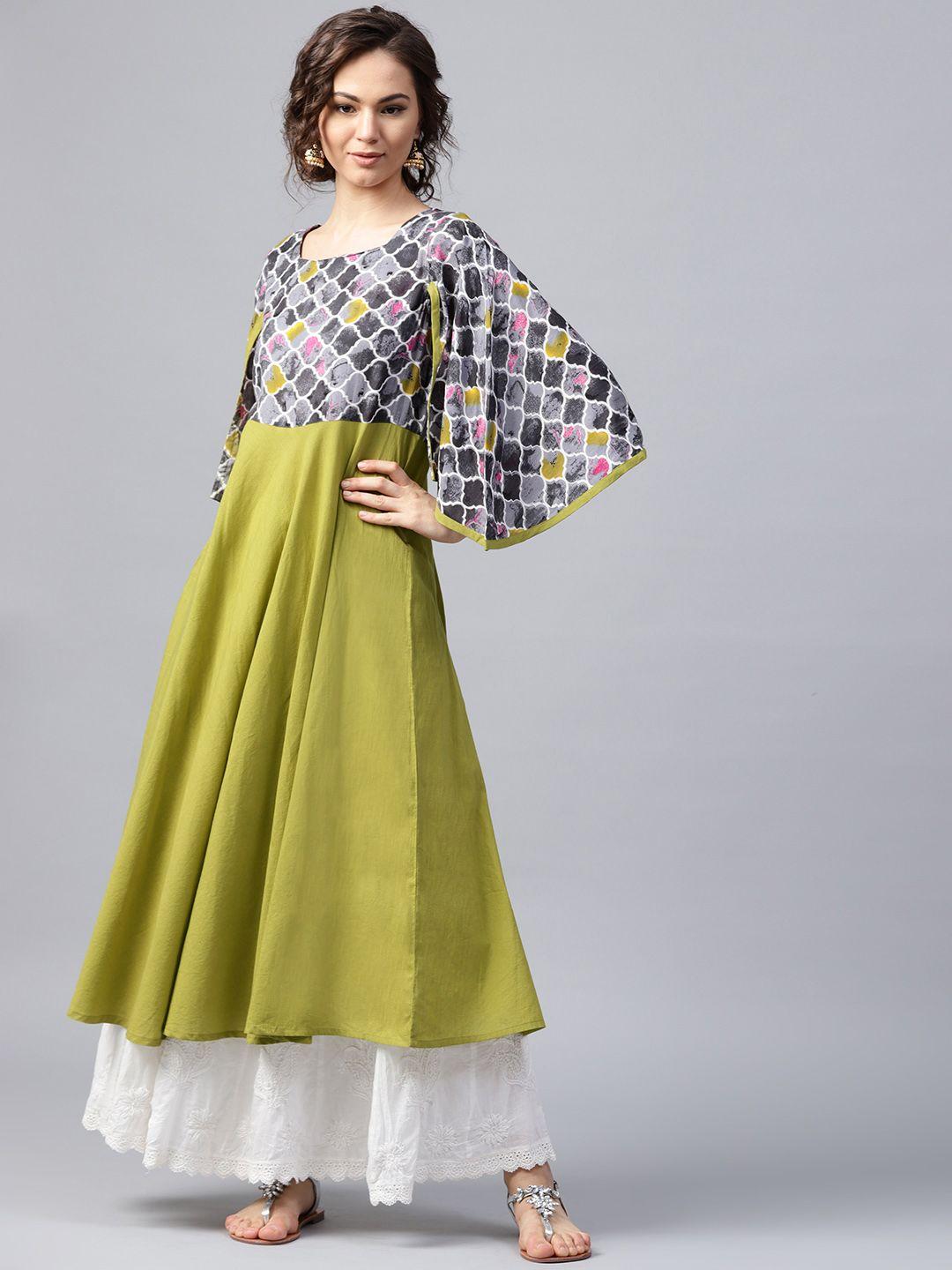 nayo women green & grey yoke design a-line kurta