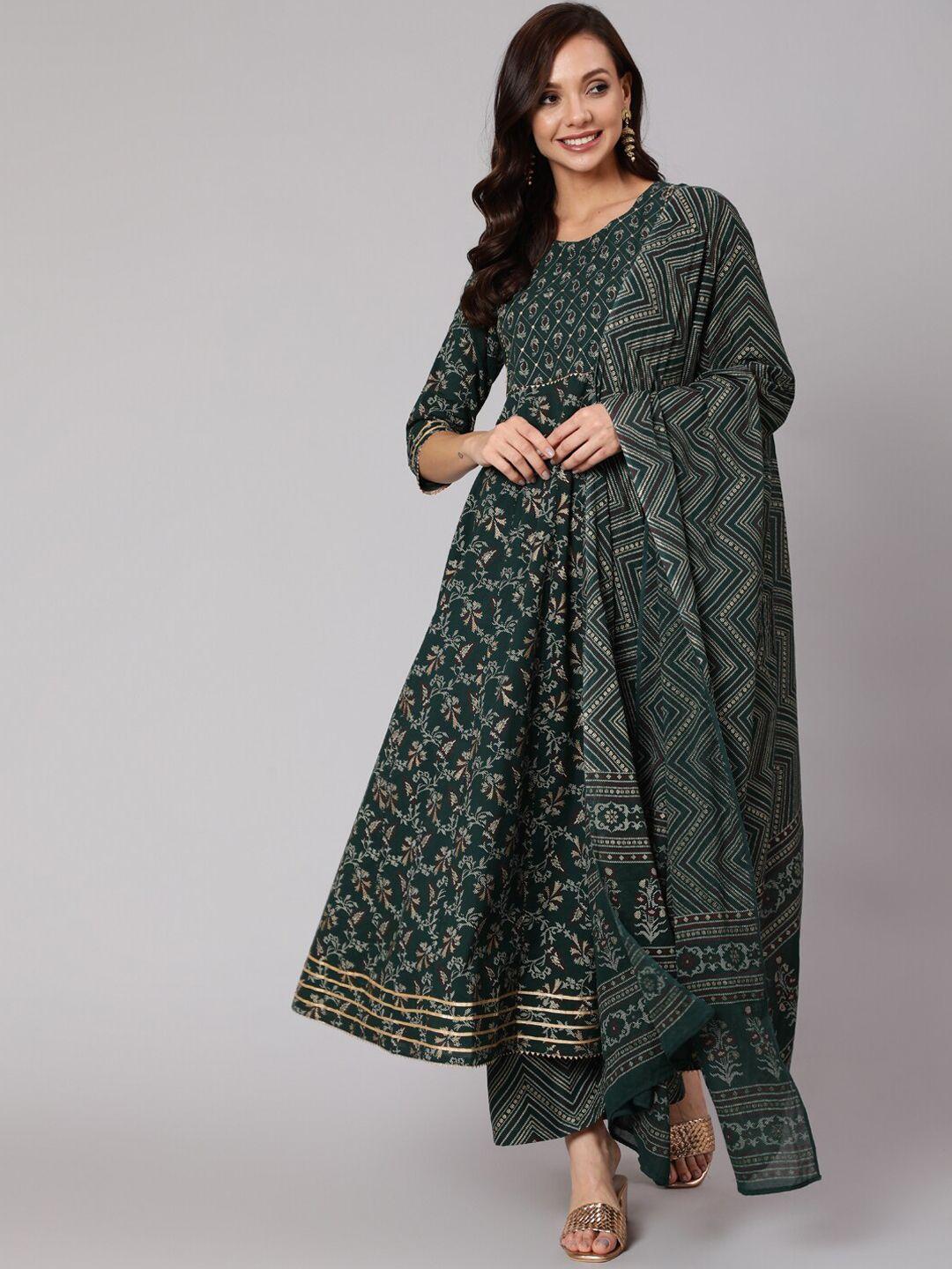 nayo women green ethnic motifs printed empire gotta patti pure cotton kurta with palazzos