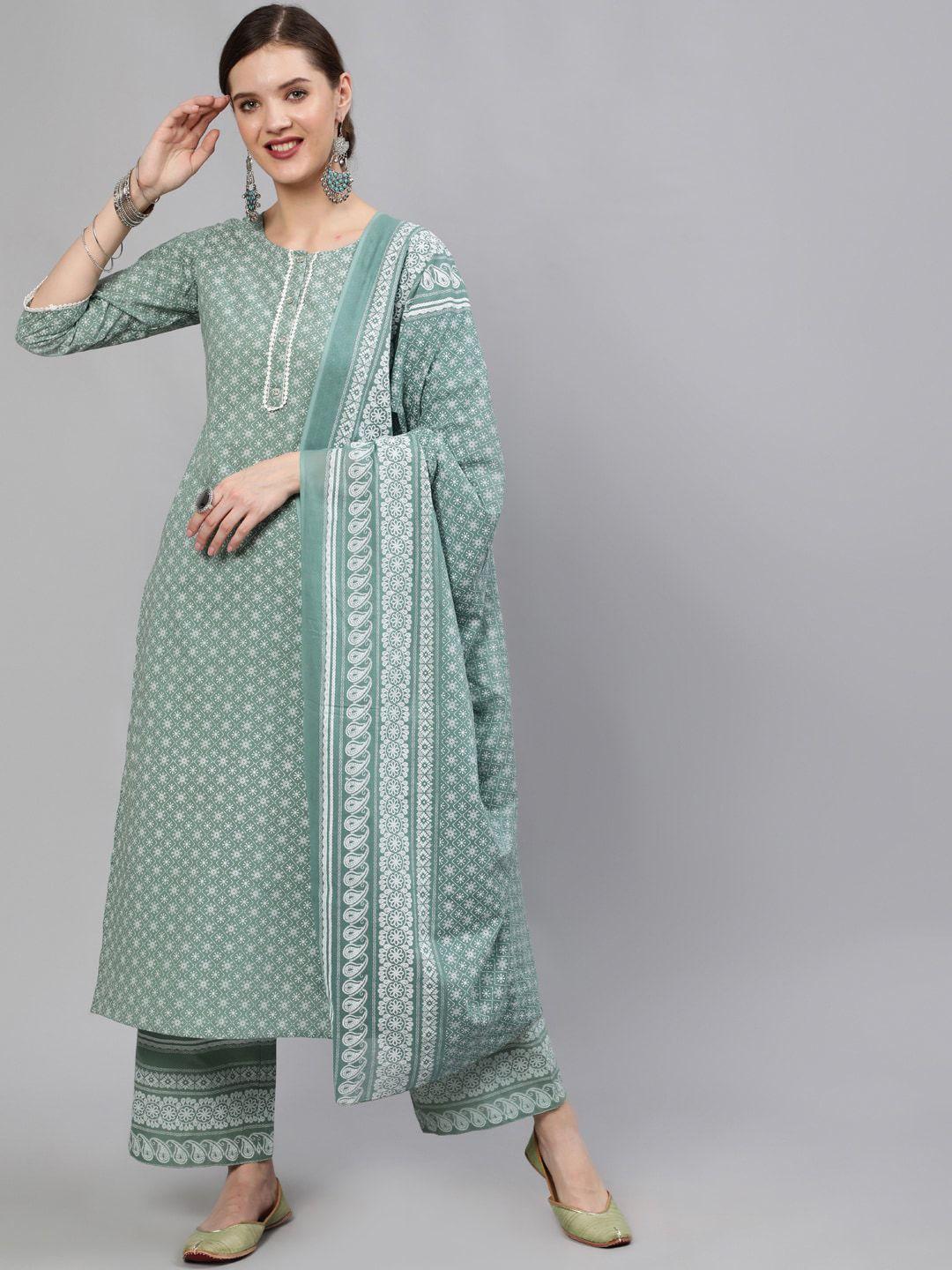 nayo women green ethnic motifs printed regular pure cotton kurta with palazzos & with dupatta