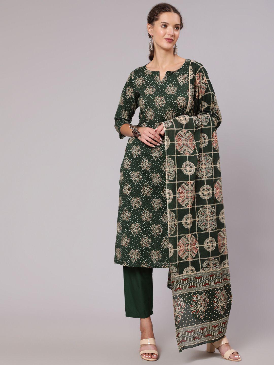 nayo women green ethnic motifs pure cotton kurta set with dupatta