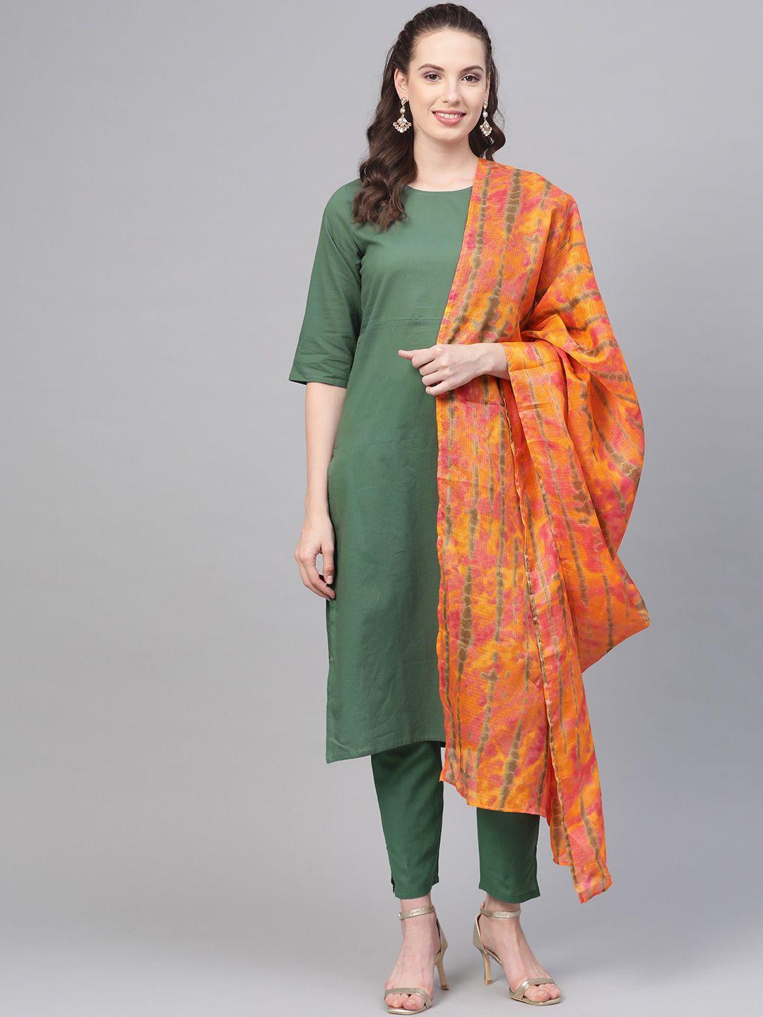 nayo women green solid kurta with trousers & dupatta
