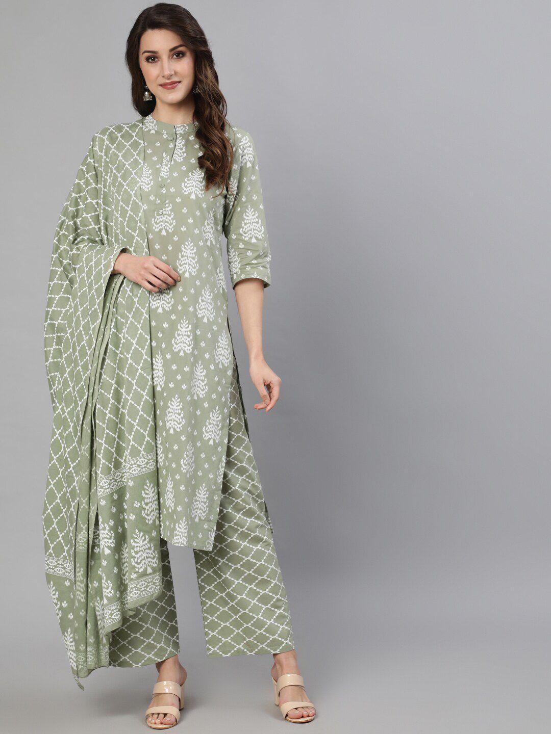 nayo women grey printed pure cotton kurta with palazzos & with dupatta