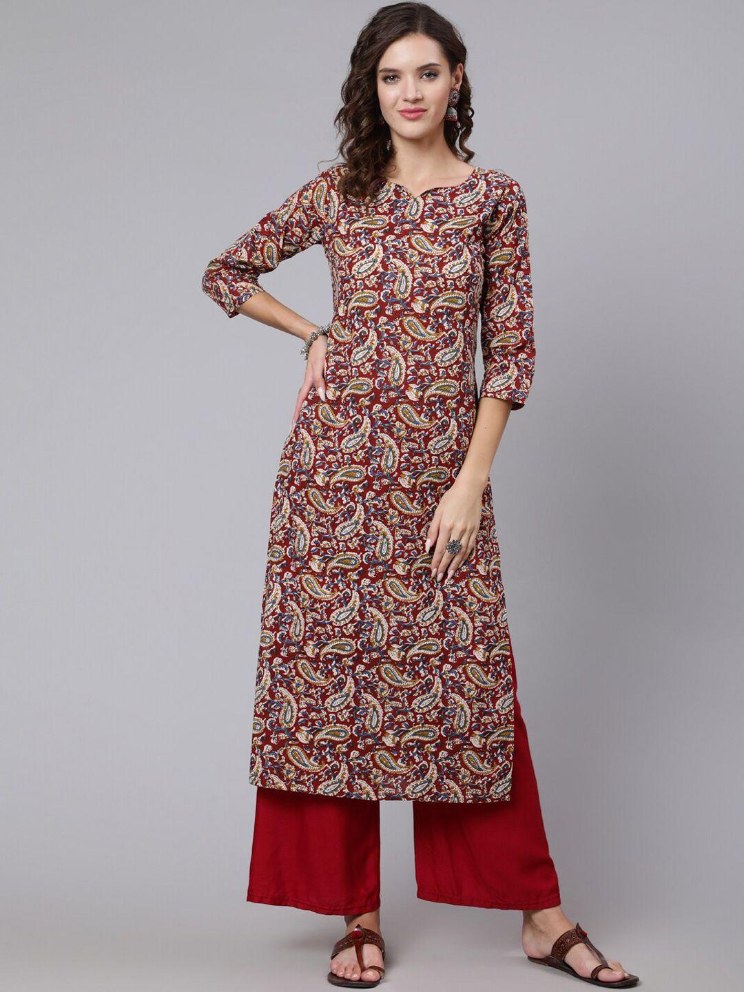 nayo women maroon and blue paisley printed cotton kurta