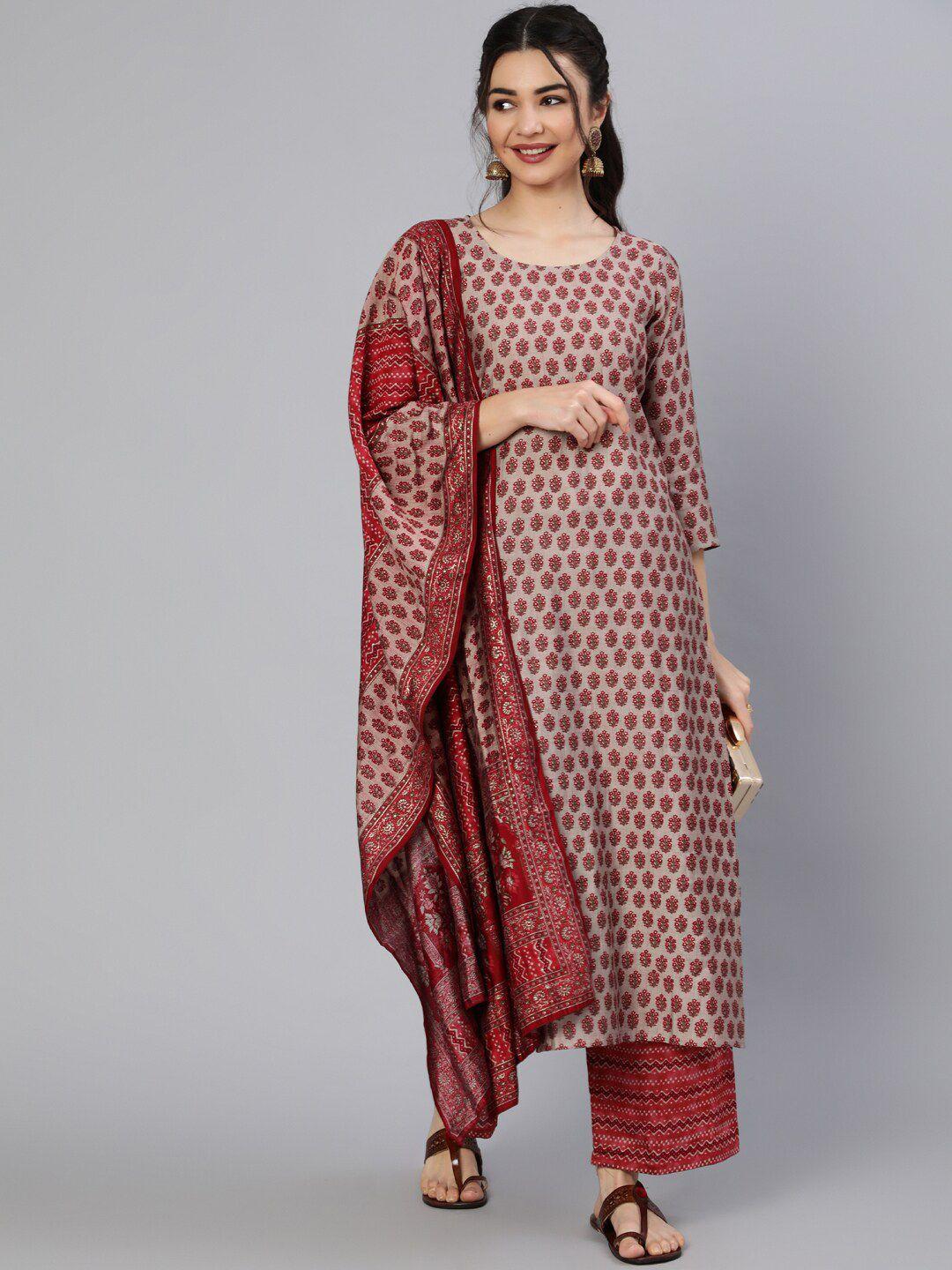 nayo women maroon ethnic printed straight kurta with palazzo & dupatta