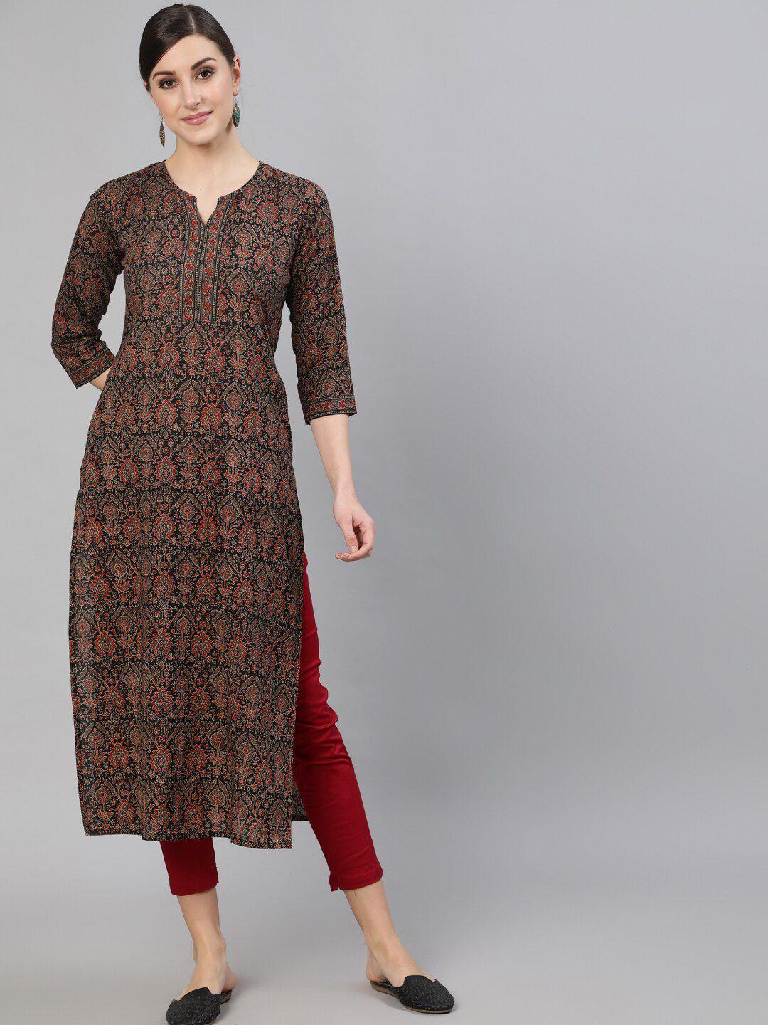 nayo women multicoloured & bracken ethnic motifs printed keyhole neck chikankari kurta