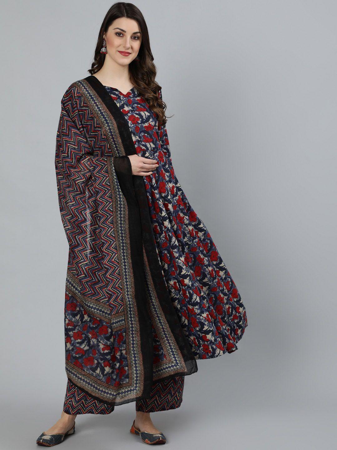 nayo women multicoloured floral printed pure cotton kurta with trousers & with dupatta