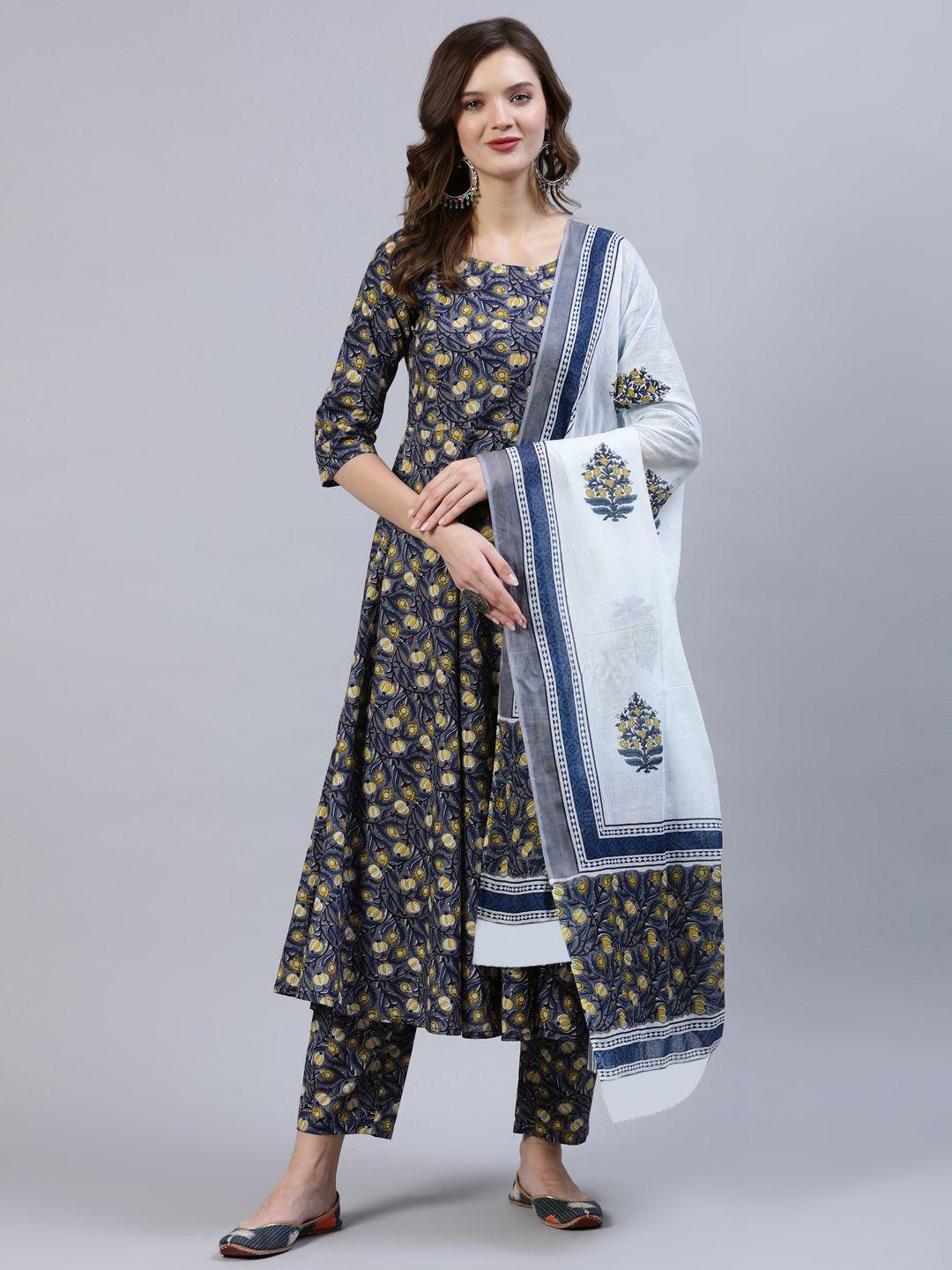 nayo women navy & yellow screen print anarkali pure cotton kurta & trousers with dupatta