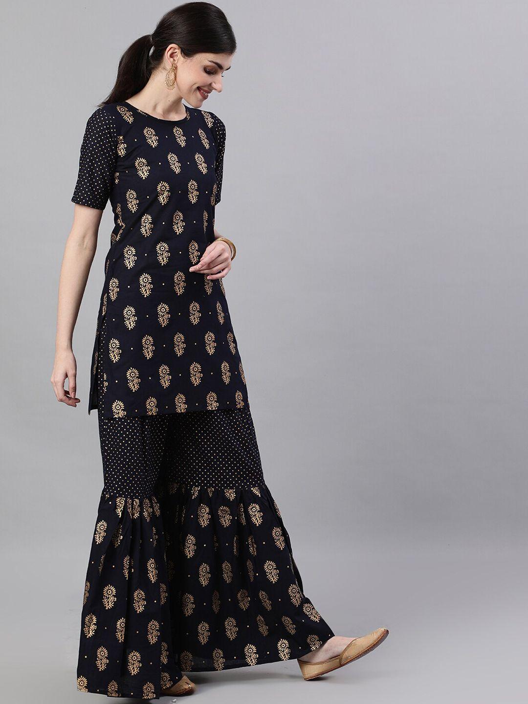 nayo women navy blue & gold-toned printed cotton kurti with sharara