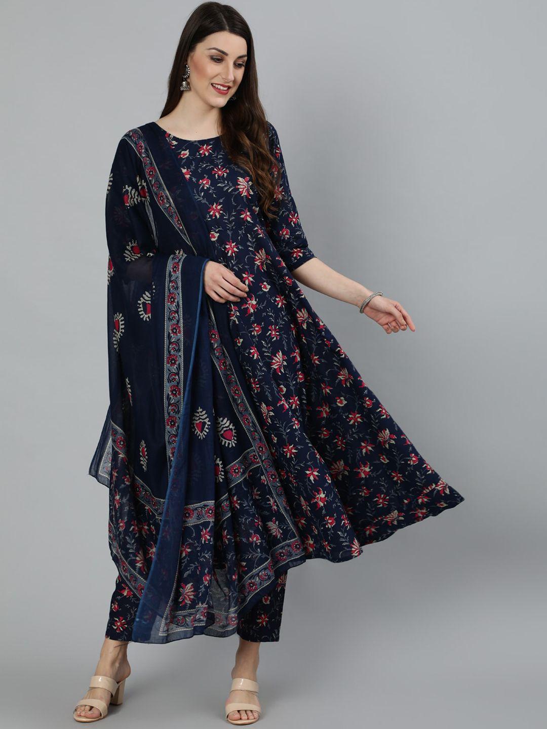 nayo women navy blue & pink floral printed pure cotton kurta with trousers & with dupatta