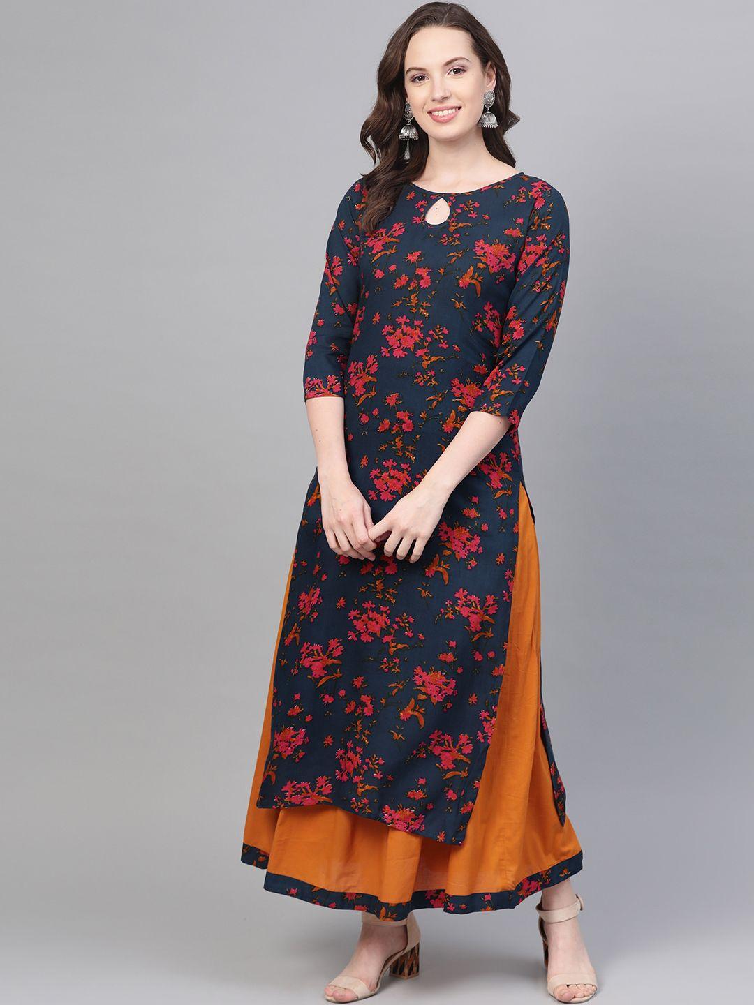 nayo women navy blue & rust orange printed kurta with skirt