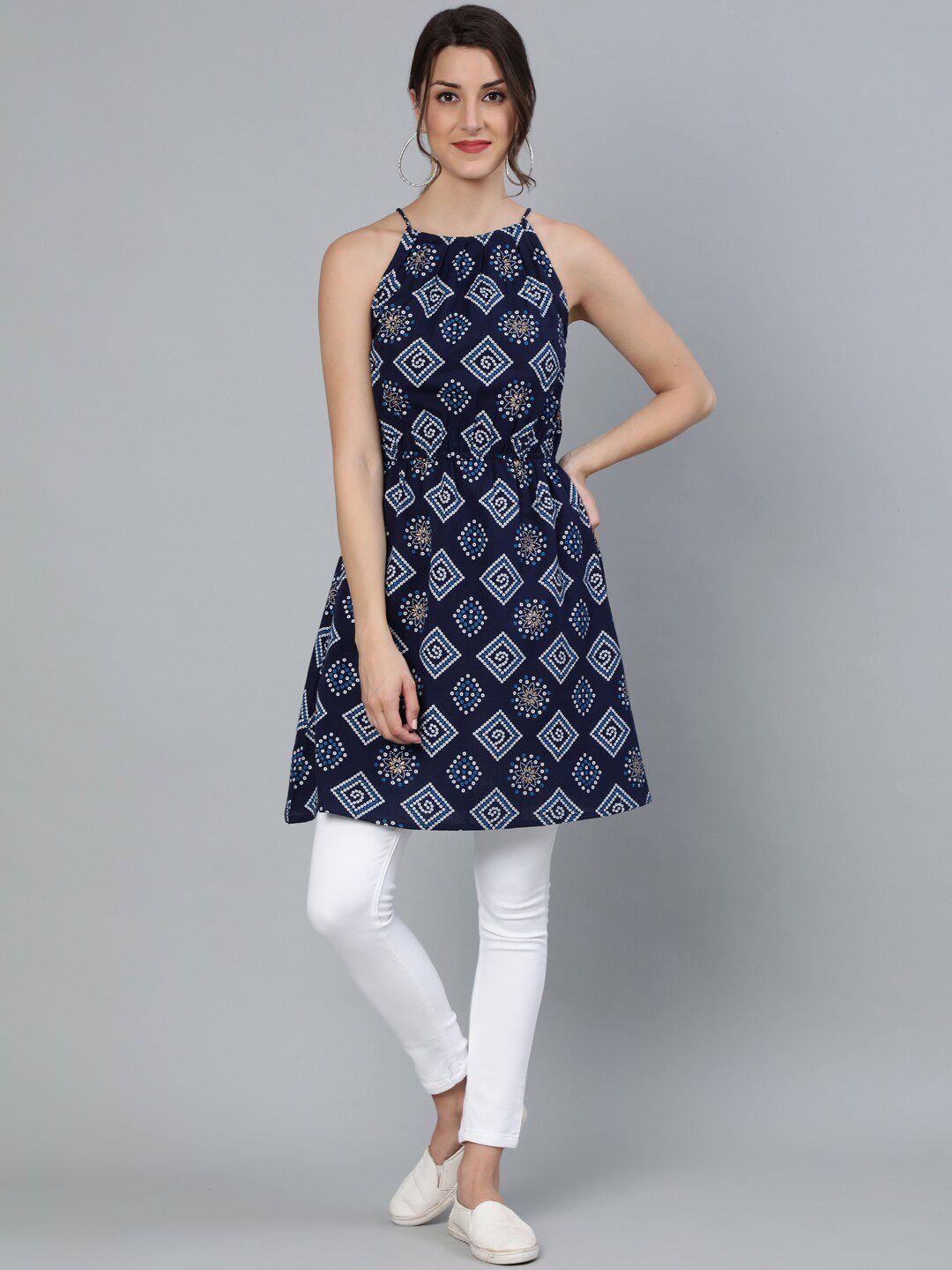 nayo women navy blue & white geometric print keyhole neck thread work kurta