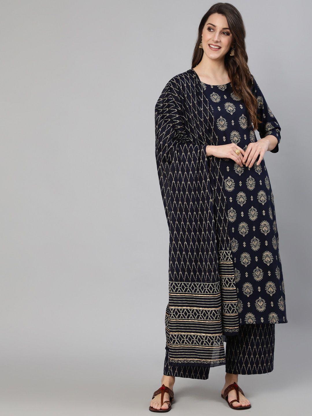 nayo women navy blue ethnic motifs printed pure cotton kurta set with dupatta