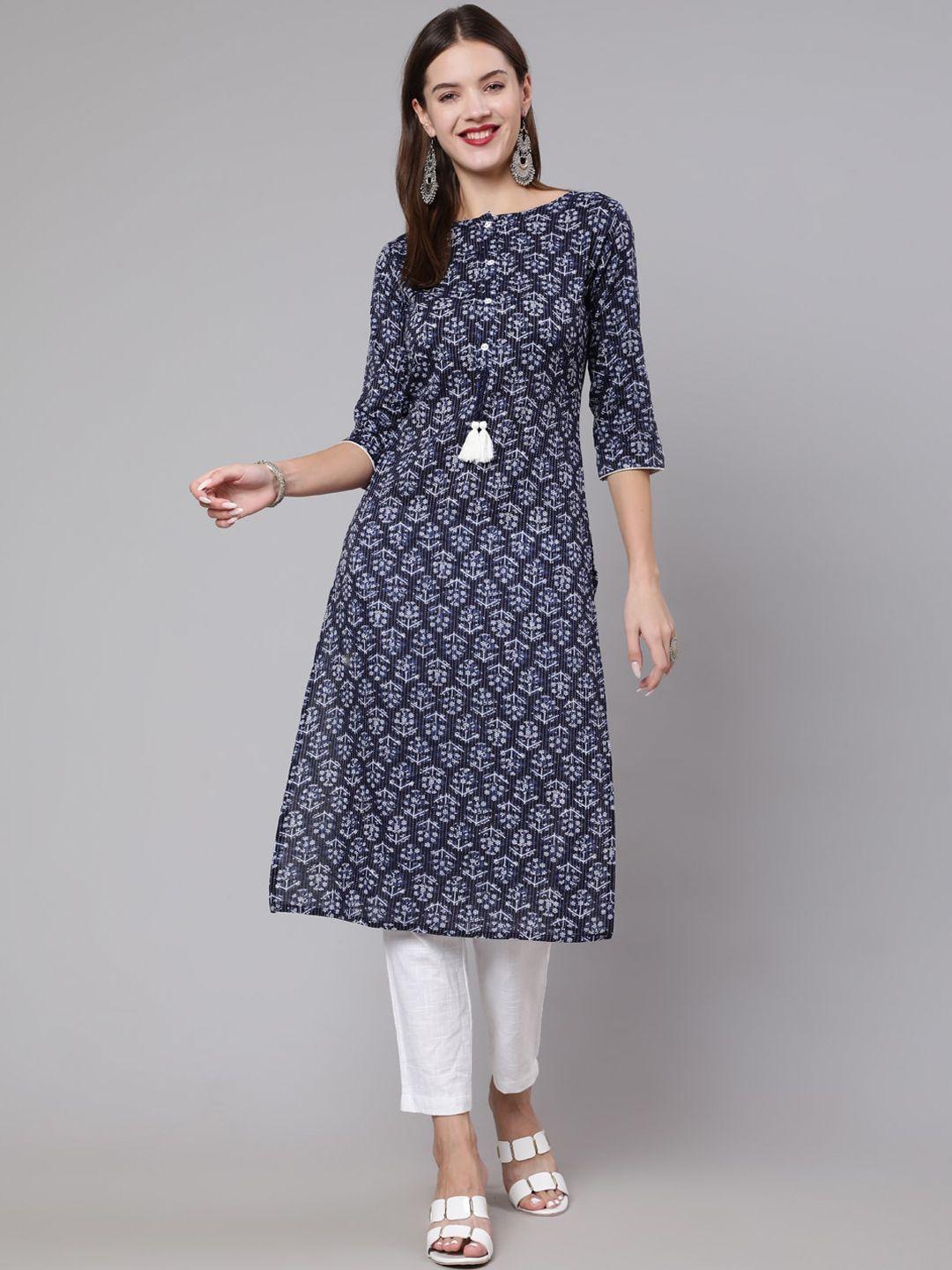 nayo women navy blue floral printed straight  kurta