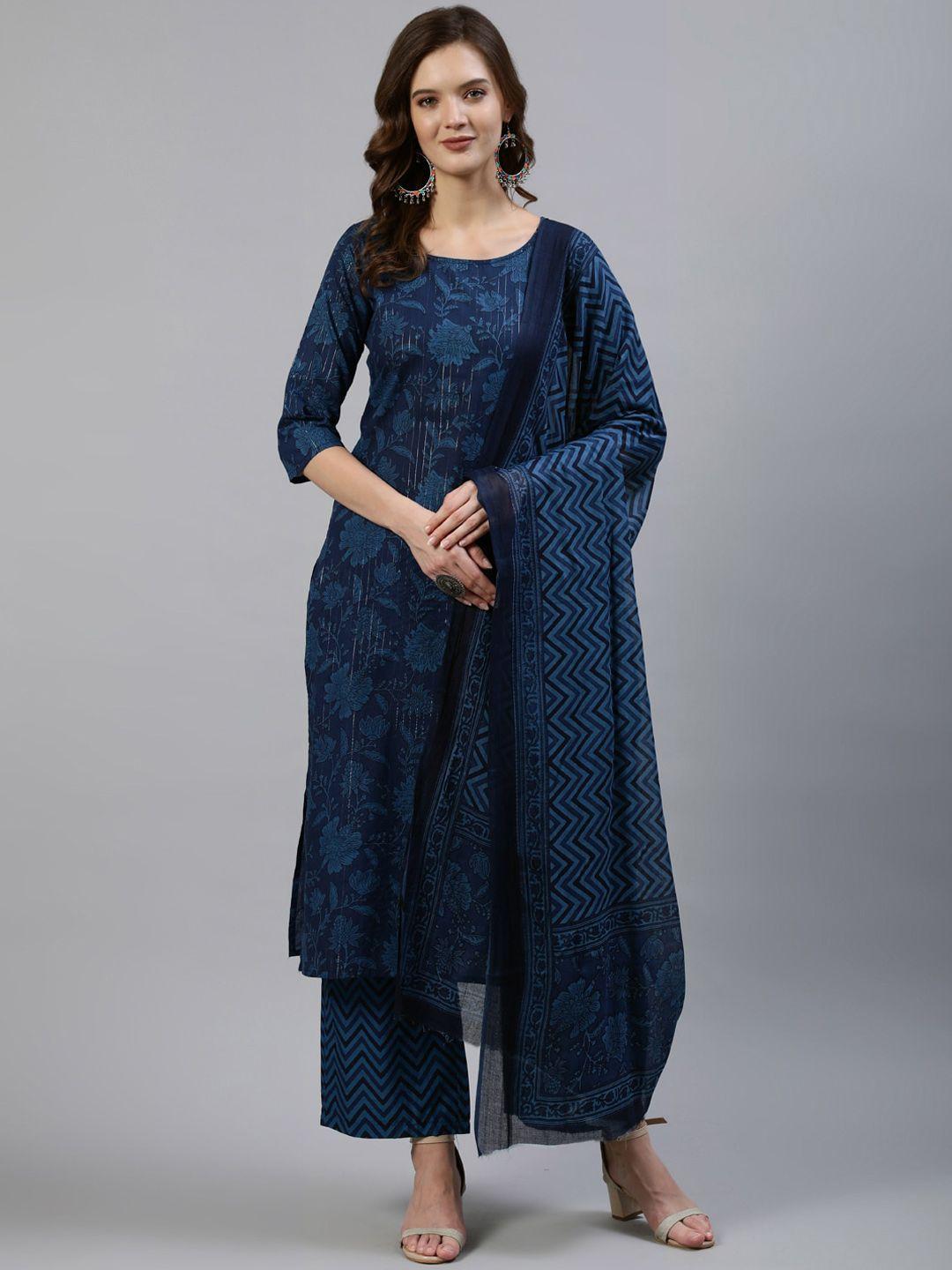 nayo women navy blue straight screen print pure cotton kurta & palazzos with dupatta