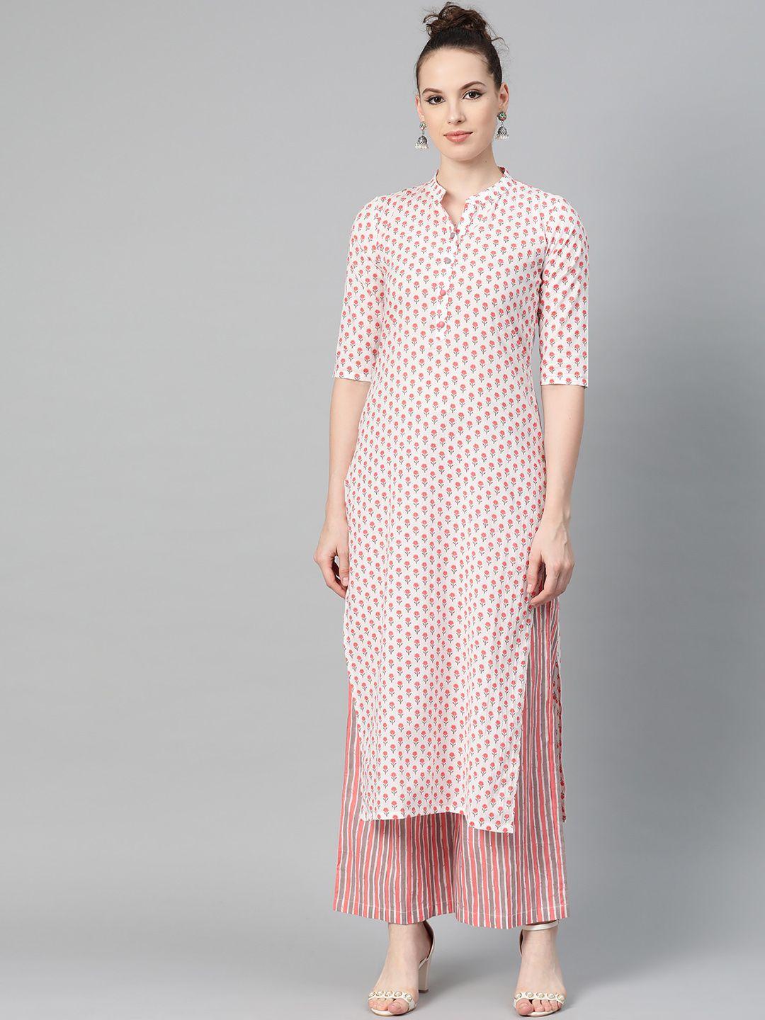 nayo women off-white & pink printed kurta with palazzos