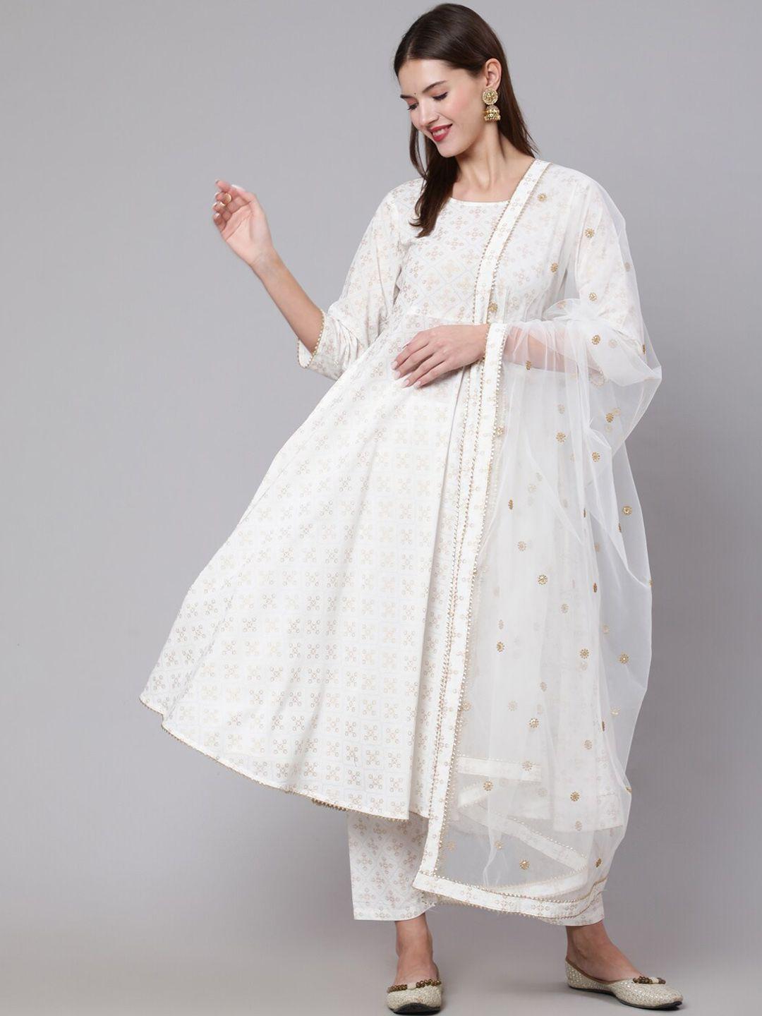 nayo women off white ethnic motifs printed pure cotton kurta with trousers & with dupatta