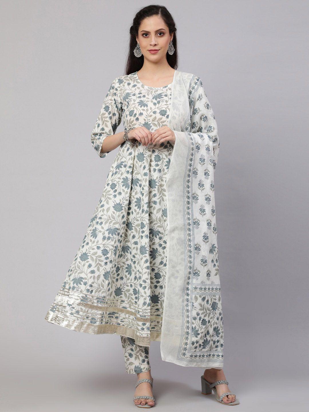 nayo women off white floral printed empire pure cotton kurta with trousers & with dupatta