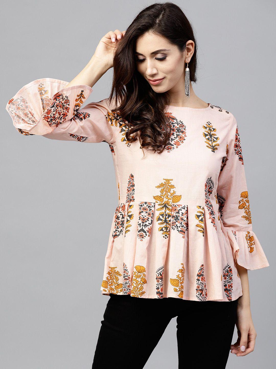 nayo women peach-coloured & mustard yellow printed a-line pure cotton top
