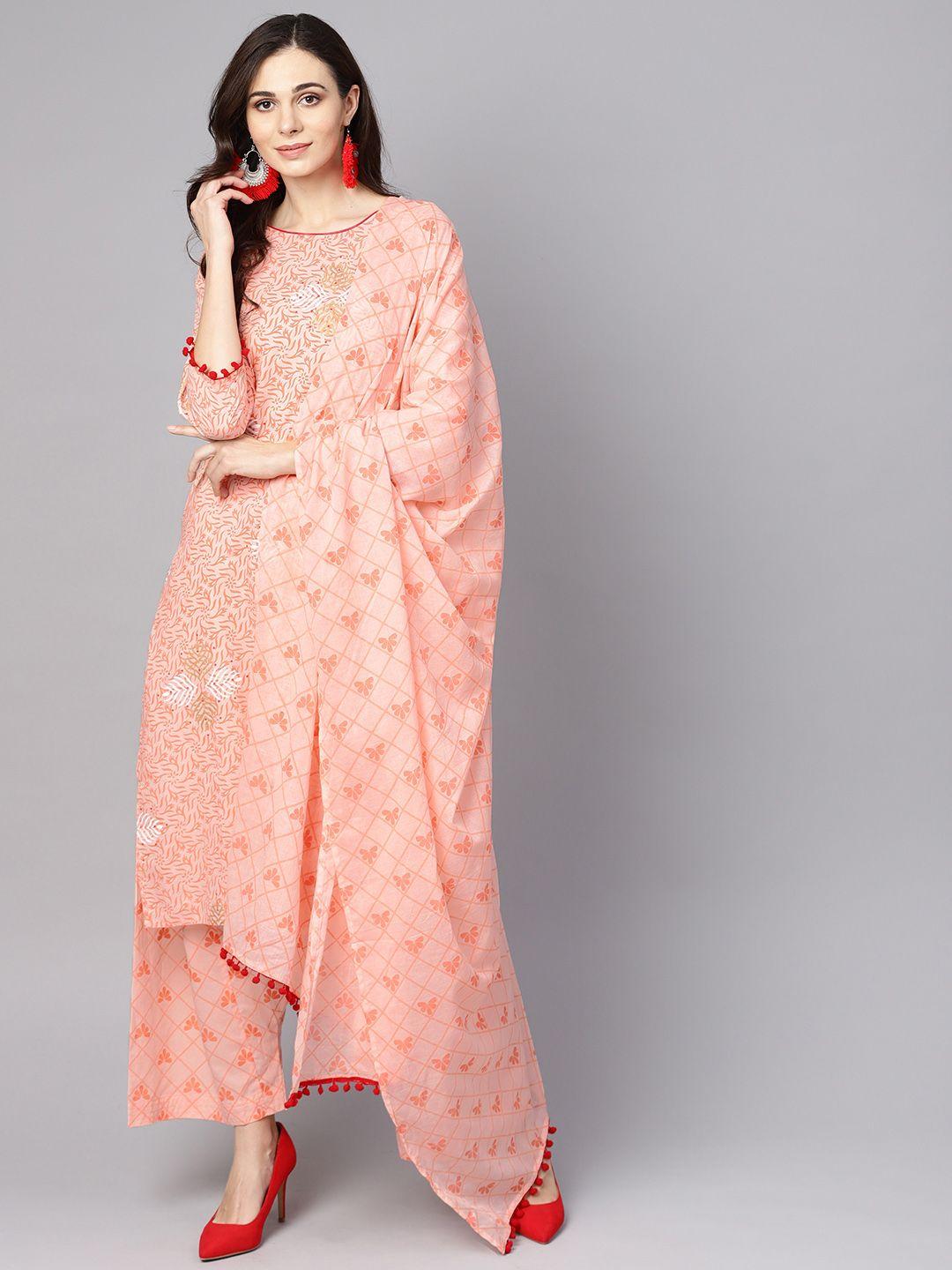 nayo women peach-coloured & white printed kurta with palazzos & dupatta