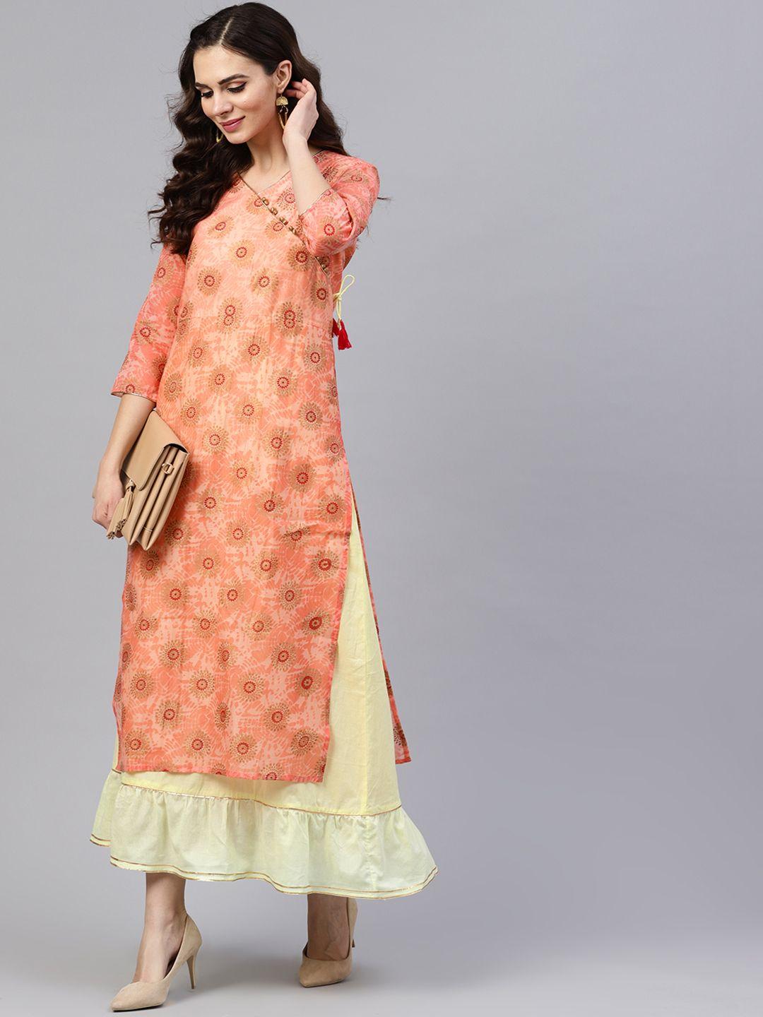 nayo women peach-coloured & yellow printed layered maxi dress