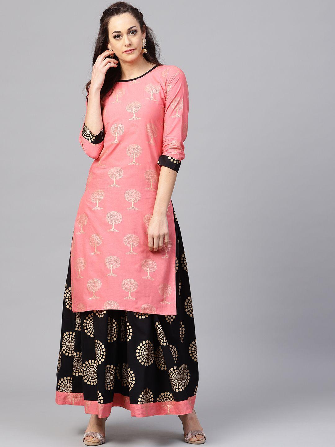 nayo women pink & black printed kurta with skirt