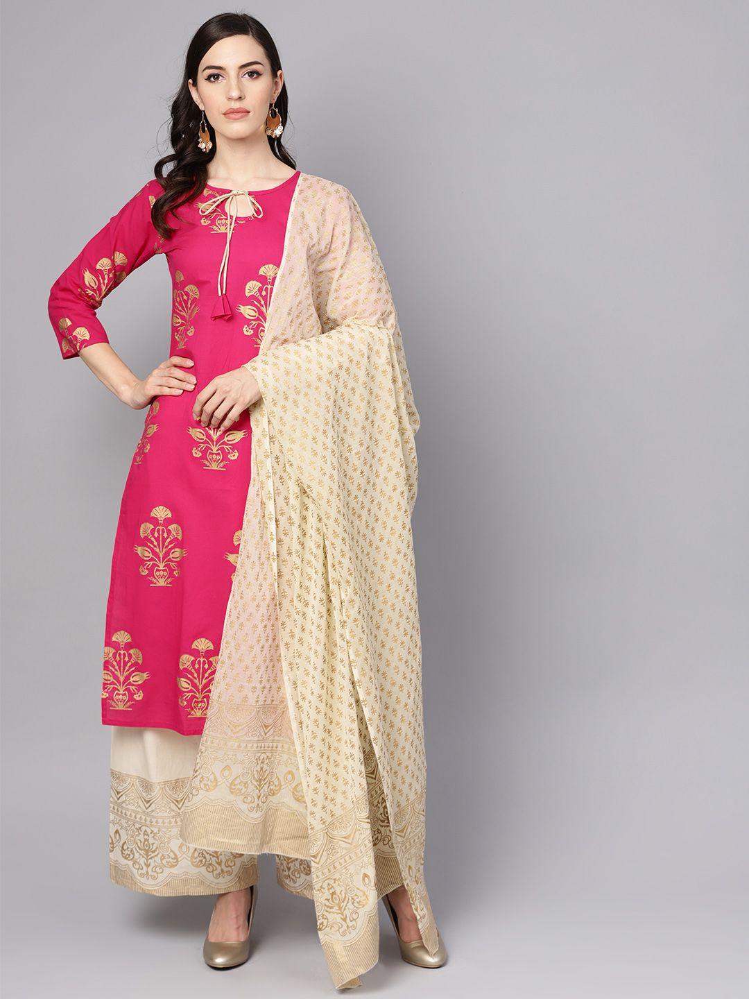 nayo women pink & cream-coloured printed kurta with palazzos & dupatta