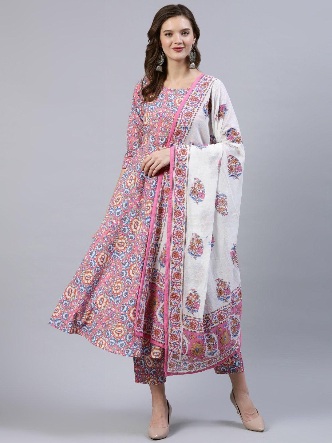 nayo women pink & off-white floral screen print a-line pure cotton kurta set with dupatta