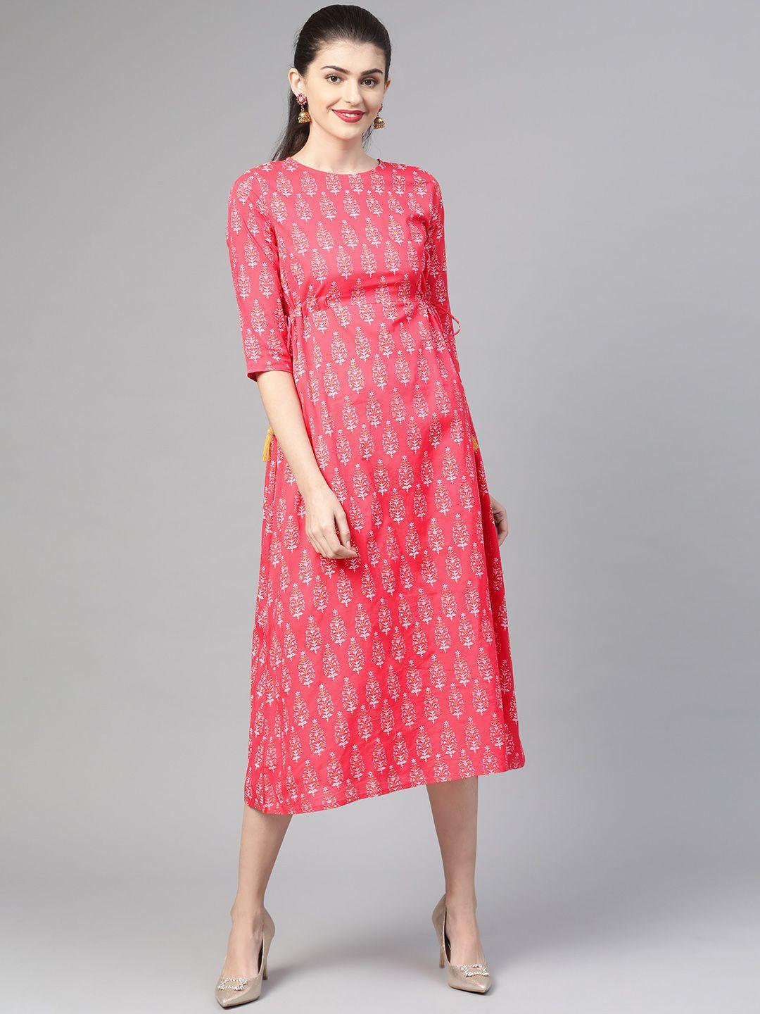 nayo women pink & white printed a-line dress