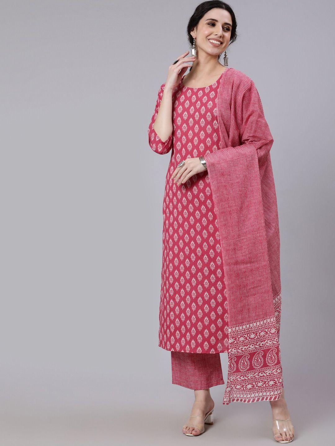nayo women pink & white printed pure cotton kurta with palazzos & with dupatta