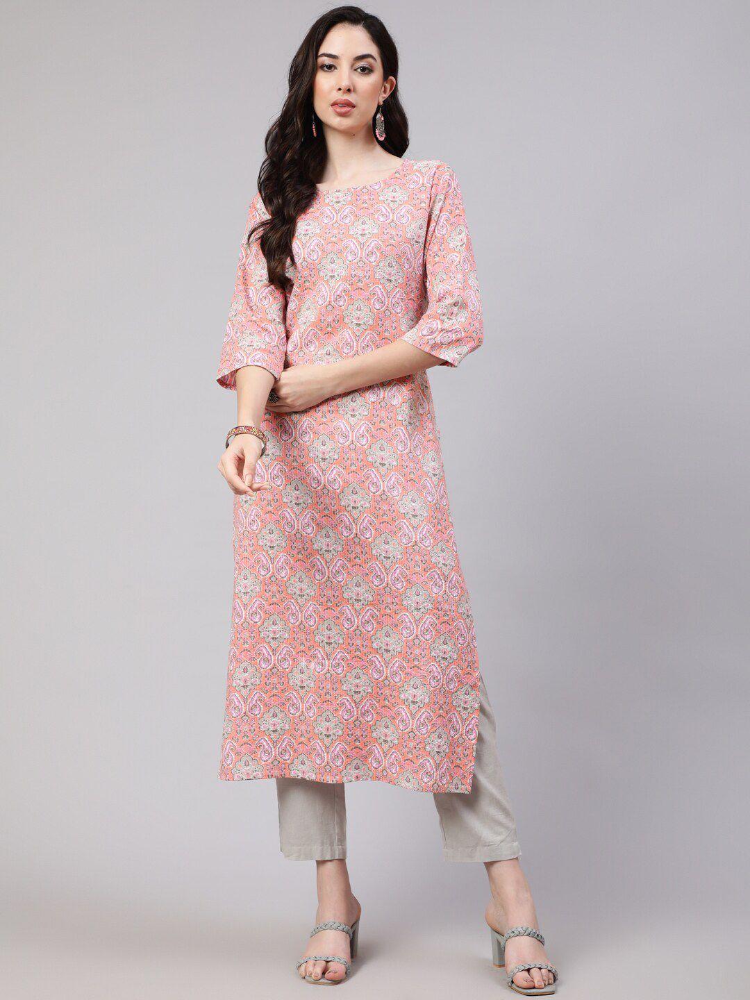 nayo women pink floral printed keyhole neck mirror work kurta