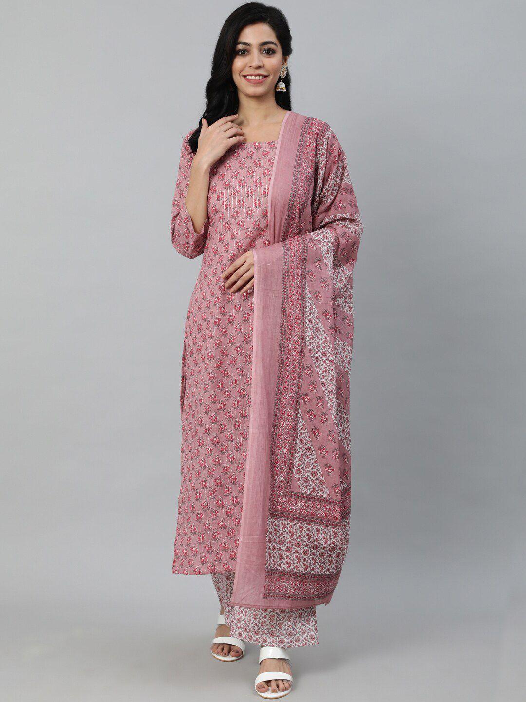 nayo women pink floral printed pure cotton kurta & palazzos with dupatta