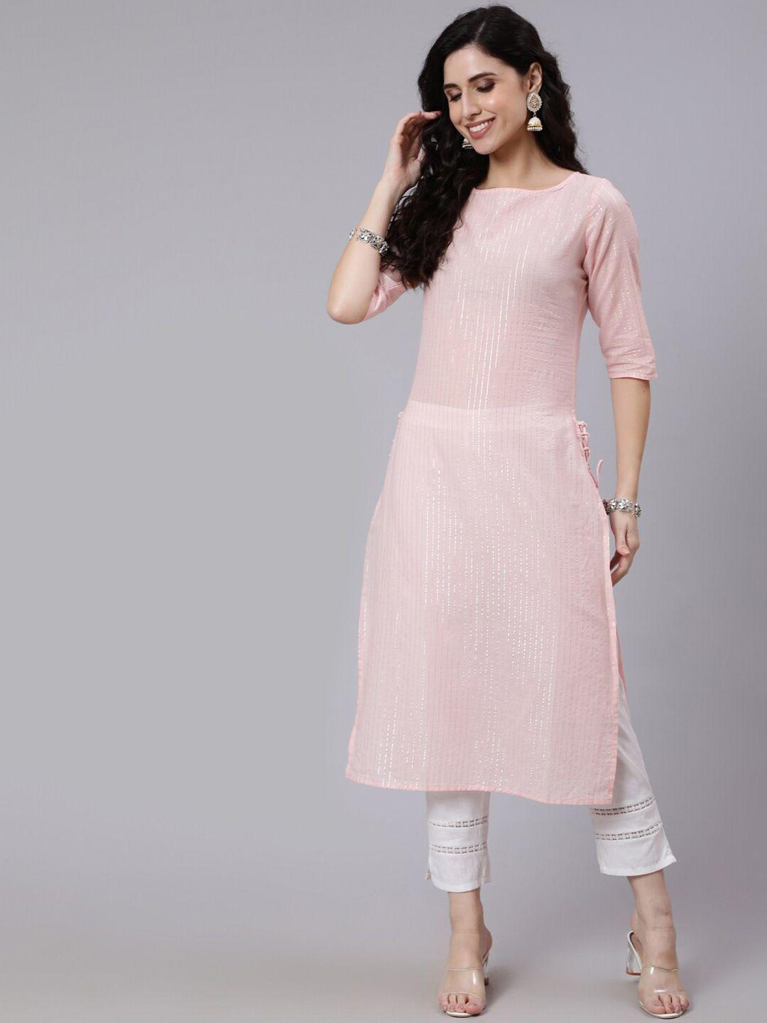 nayo women pink solid straight kurta with three quarter sleeves