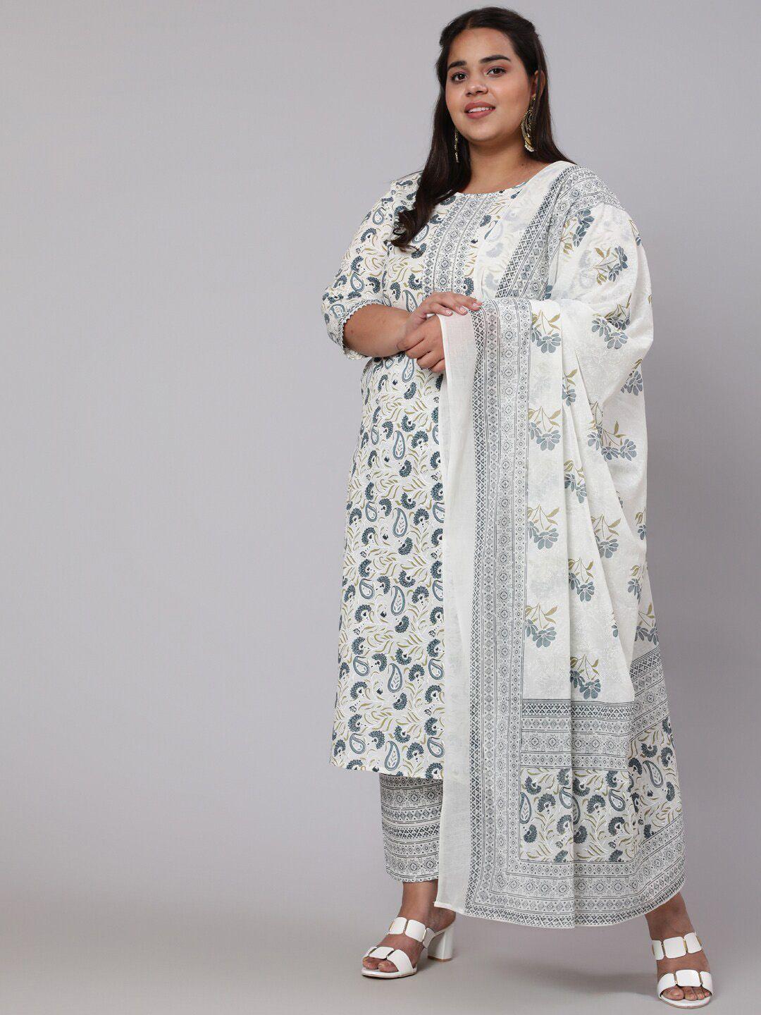 nayo women plus size grey paisley printed pure cotton kurta with trousers & with dupatta
