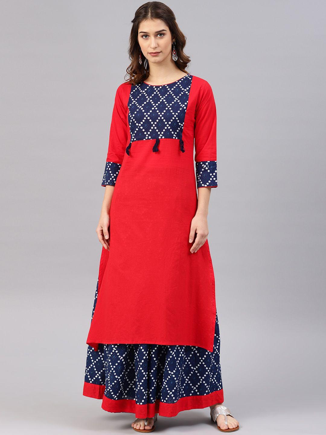 nayo women red & blue printed kurta with skirt