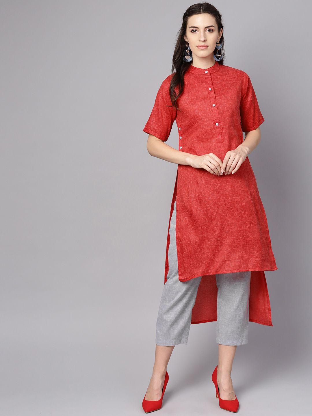 nayo women red & grey solid kurta with trousers