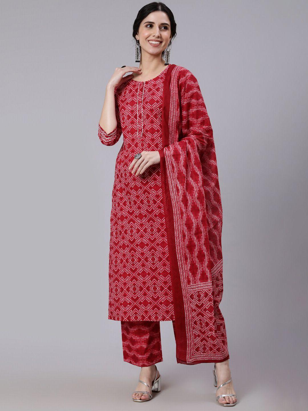 nayo women red printed pure cotton kurta with palazzos & with dupatta