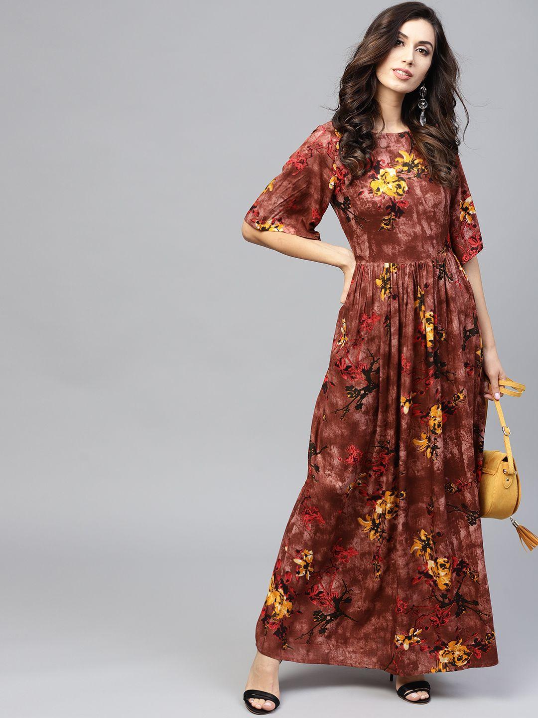 nayo women rust brown & yellow printed maxi dress