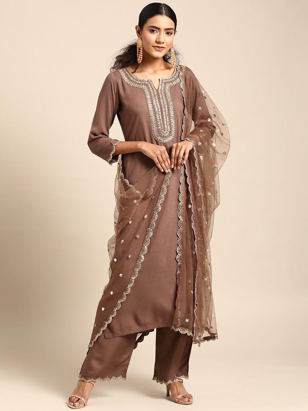 nayo women taupe ethnic motifs embroidered thread work kurta set with palazzos & dupatta