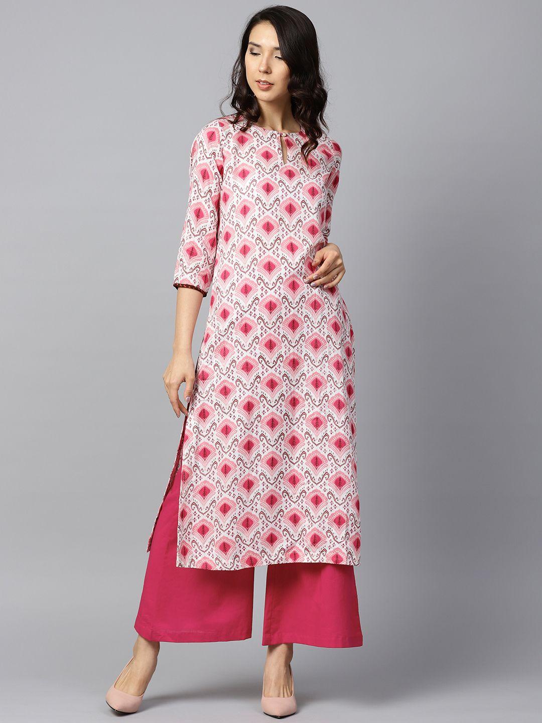 nayo women white & pink printed kurta with palazzos