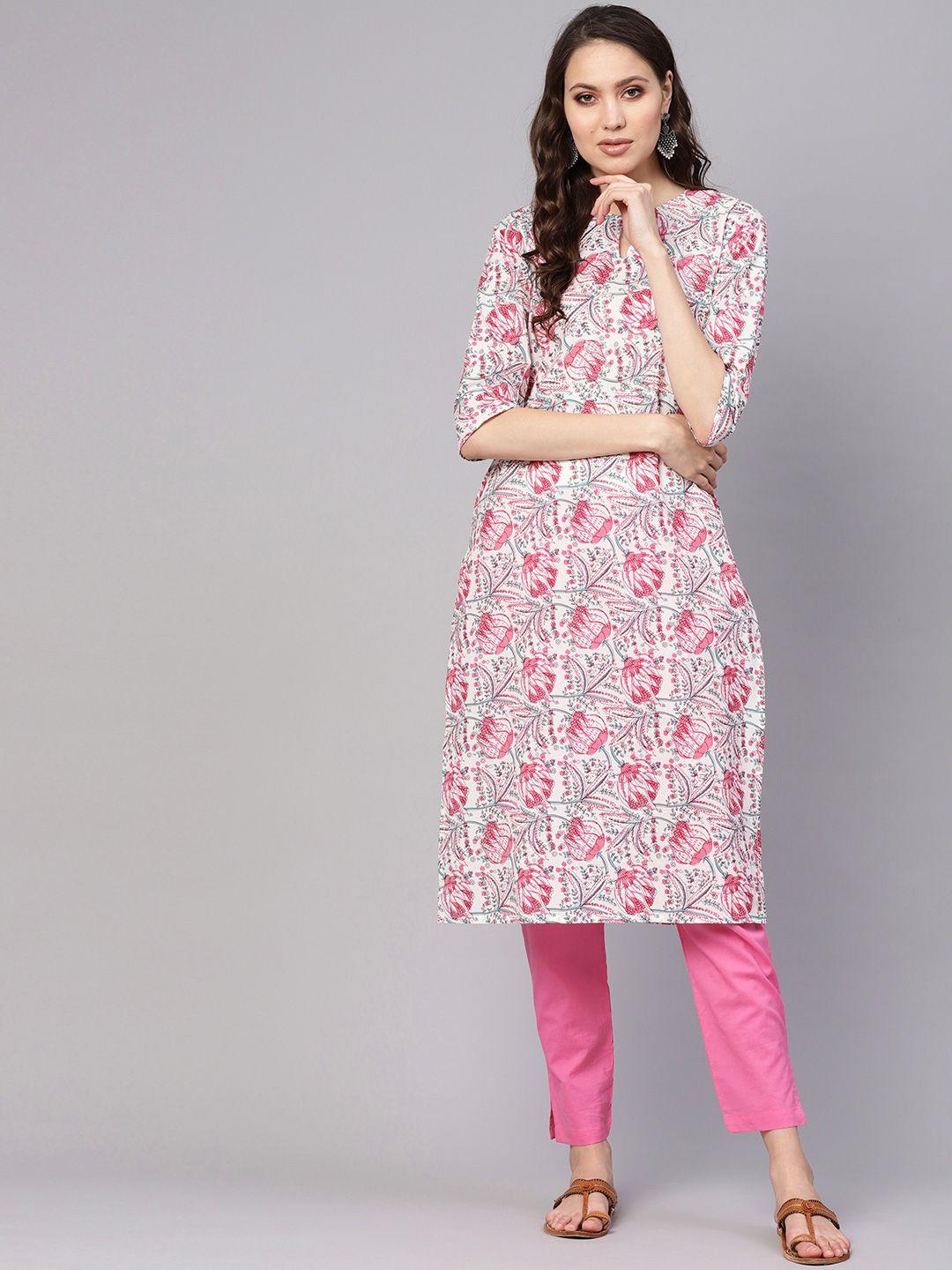 nayo women white & pink printed kurta with trousers