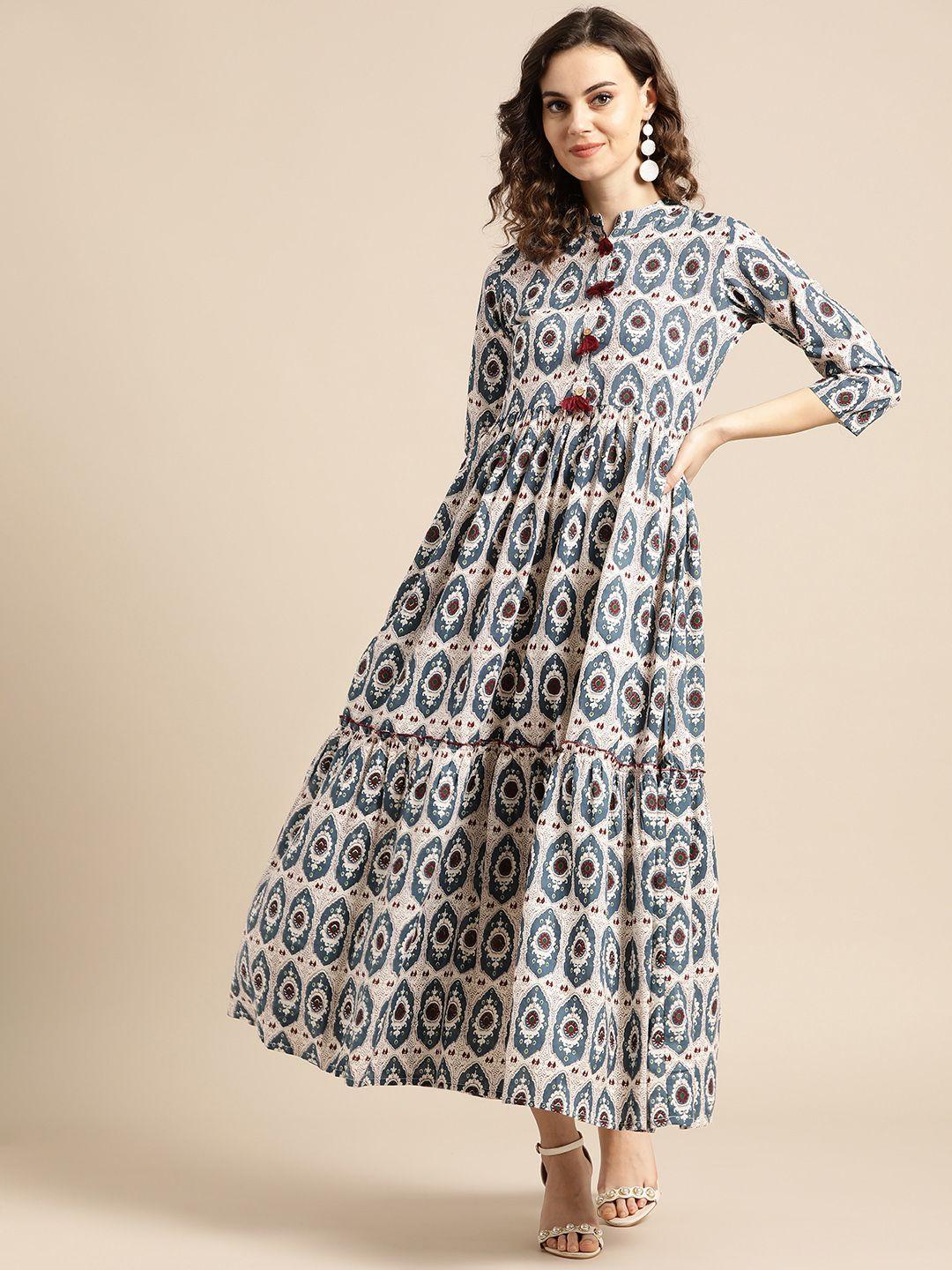 nayo women white & teal blue printed maxi dress