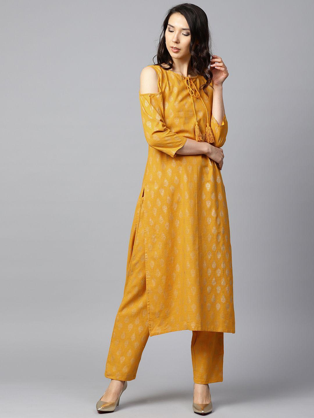 nayo women yellow & golden printed kurta with trousers