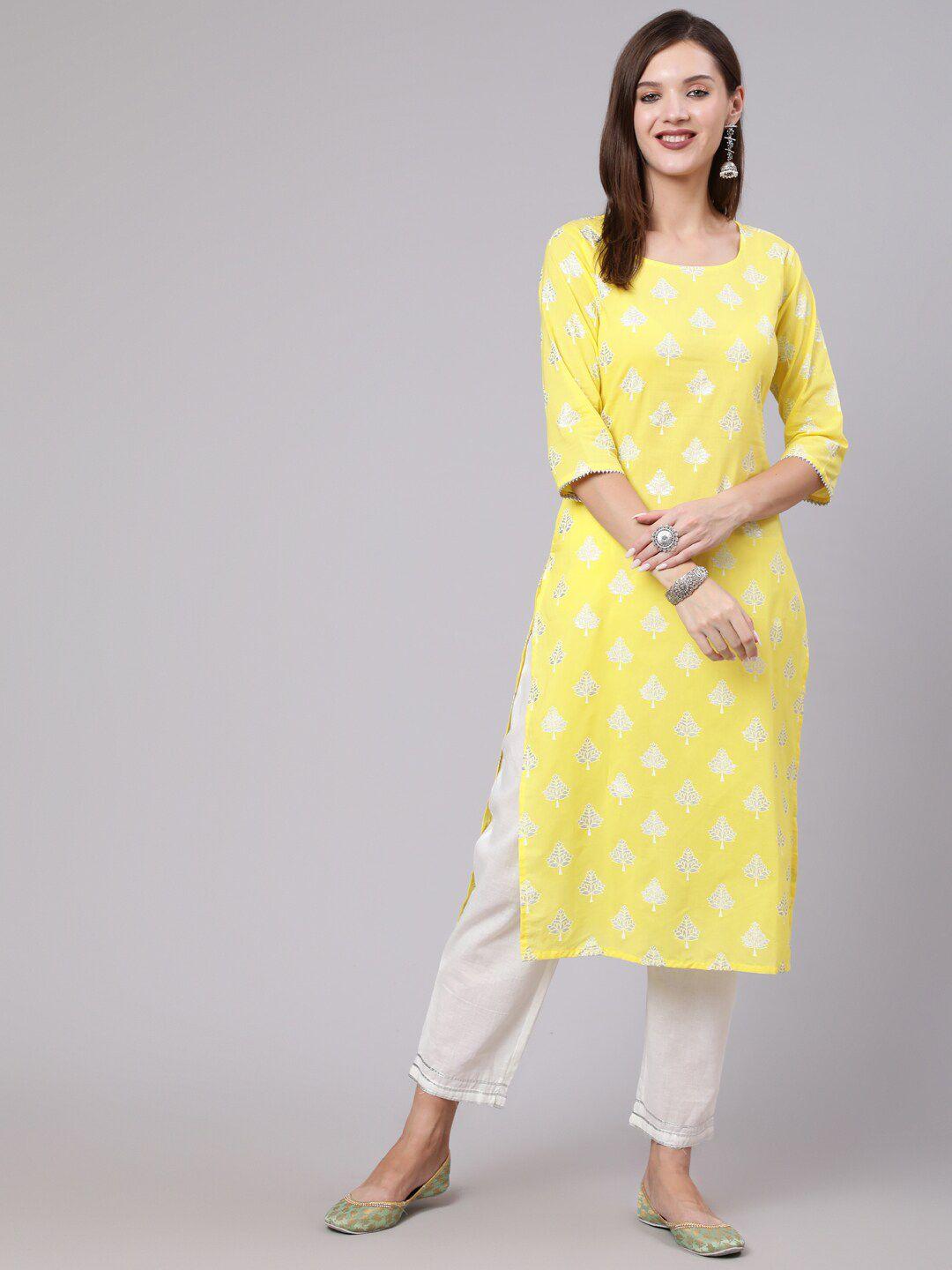 nayo women yellow ethnic printed straight kurta with palazzos