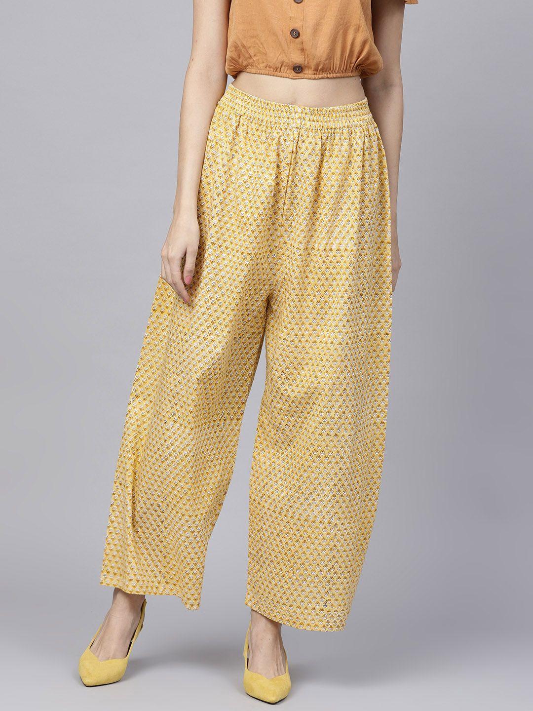 nayo women yellow printed straight palazzos