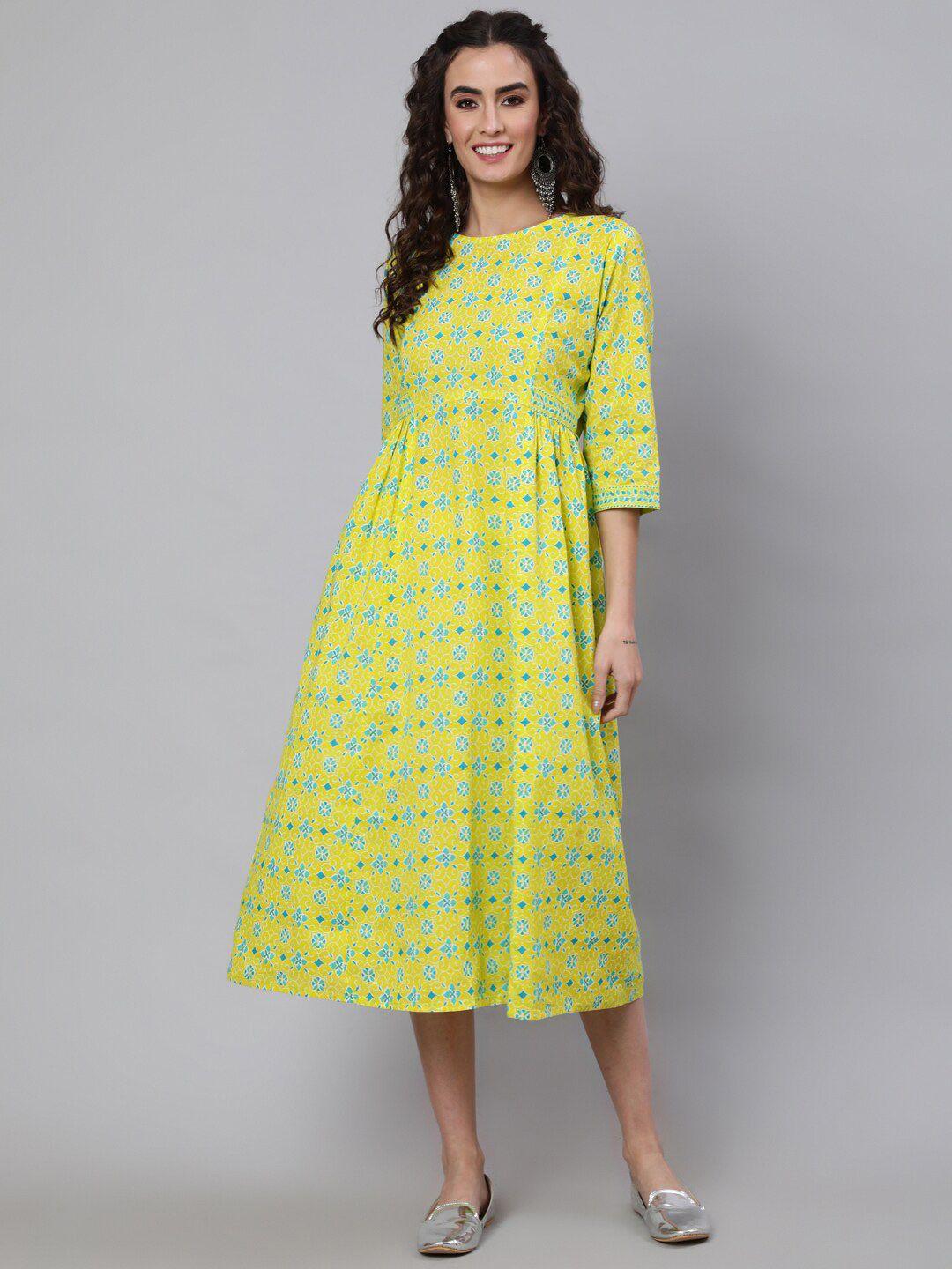 nayo yellow ethnic motifs print a-line midi dress